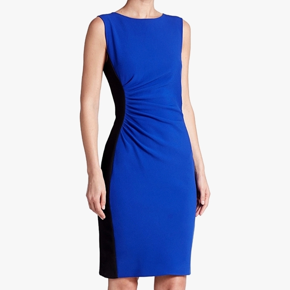 DVF Diane Von Furstenberg Laura Sleeveless Ruched Sheath Dress Blue Black 0